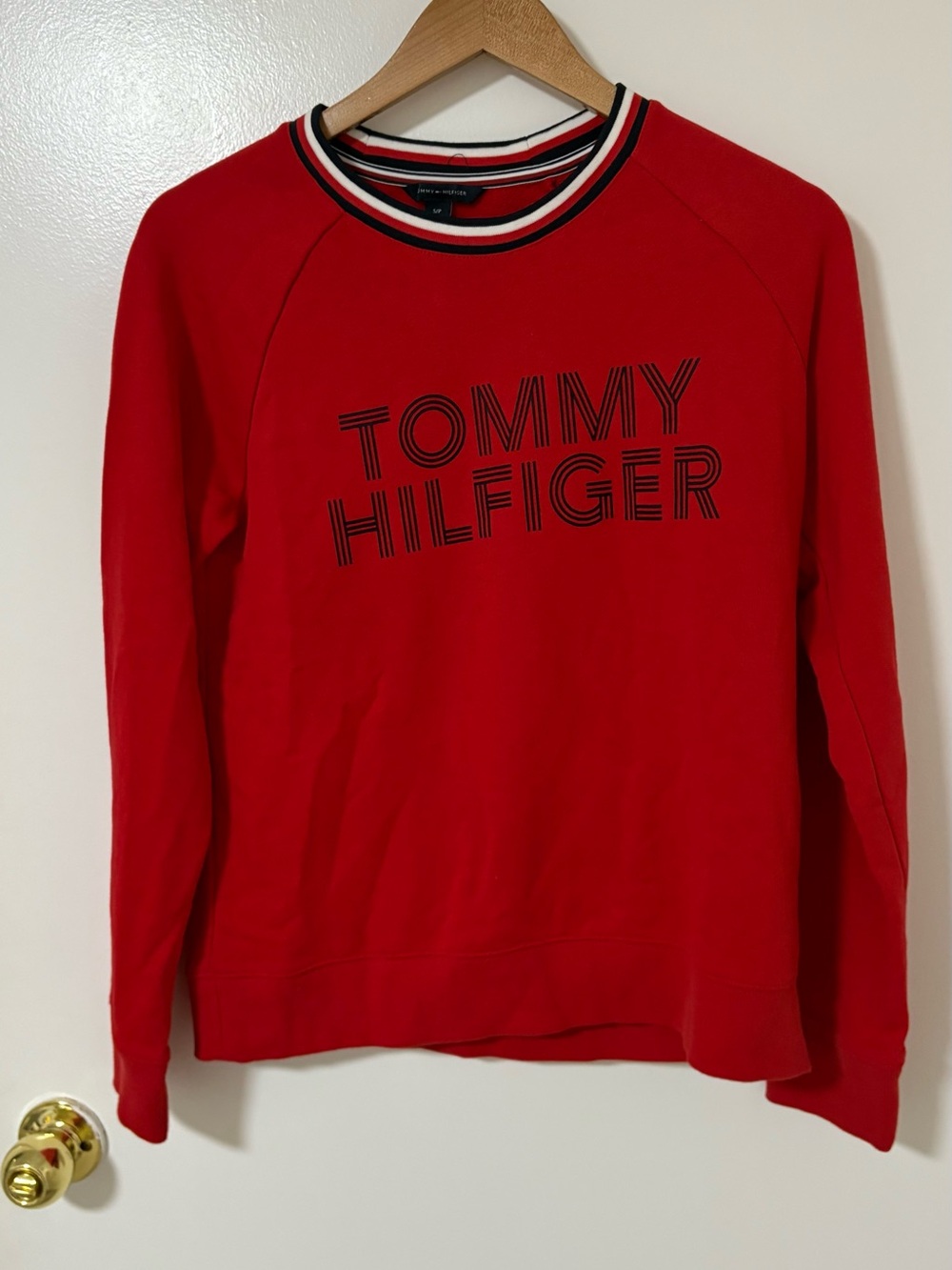 Tommy Hilfiger Red Crewneck Sweater with Striped Neck Trim